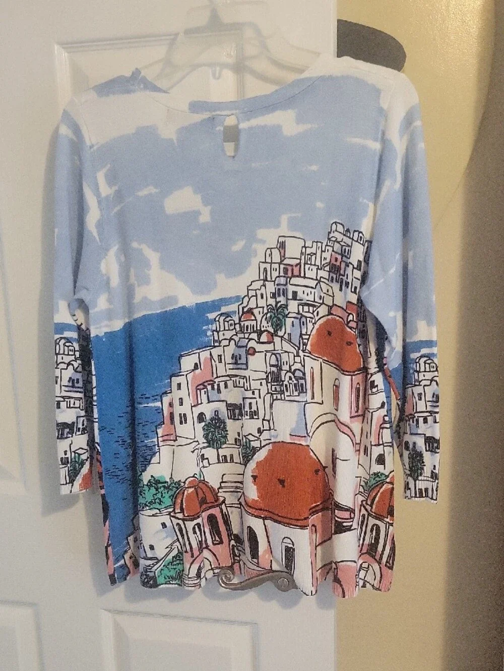 Joseph A. SzLg Light Blue Scenic Long Sleeve Sweater Orange and Pink Accents